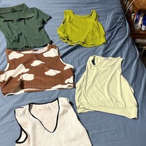 Five crop tops in large. Various brands. Cute tops.